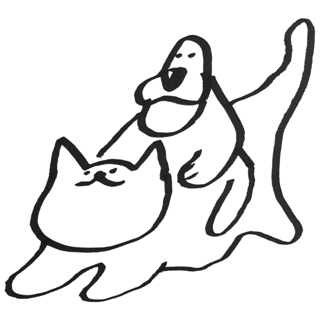 Minimalistisches Design von Knallo. Dargestellt ist ein ohrenloser Hund, der auf einer dicken Katze reitet.