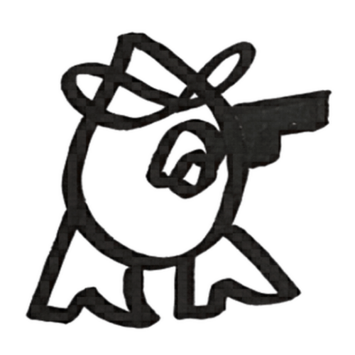 Eine minimalistische Illustration von der Fantasiefigur Detektiv Knallo, einem tropfenähnlichen Wesen mit großen Augen, dicken Schuhen und Pistole.
